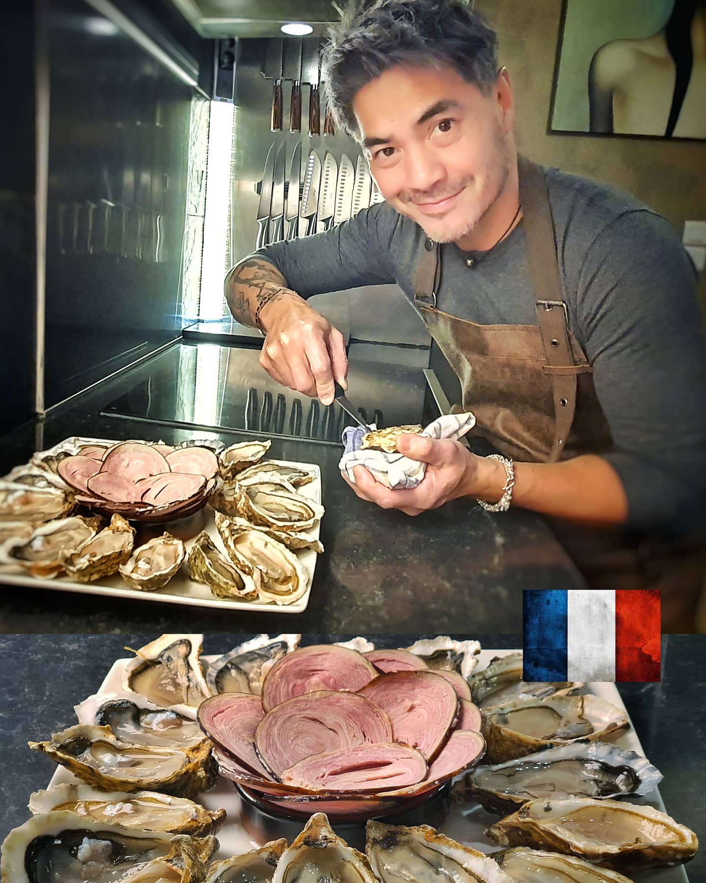 Un met de saison entre Terre et Mer: Huîtres Marennes d’Oléron et Andouilles de Guémené.